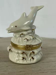 Lenox Treasures The Dolphin Splash Trinket Box 3” Cream Gold W Dolphin Charm - Picture 1 of 11