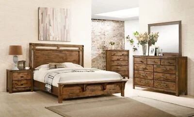 NEW 5PC Solid Wood Queen King Bedroom Set Brown Rustic Furniture Bed/D/M/N/C - Image 1 of 4