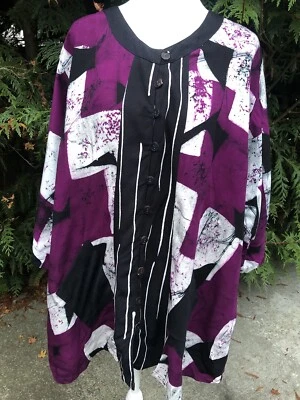 NWT 3X Blue Sky Purple & Black Tunic Rayon Long Sleeve Button Down Front Pockets - Image 1 of 4