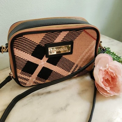 Spartina 449 Daufuskie Island Crossbody Bag Pink Plaid Linen Purse Brown Leather - Image 1 of 4