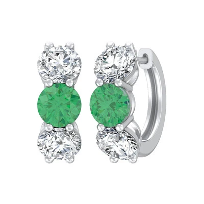 Natural Emerald & Lab Grown Diamond Hoop Earrings 10K White Gold 2.56gm - Image 1 of 4