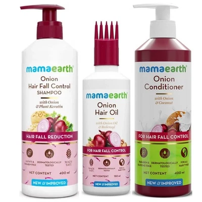Mamaearth Onion Hair Oil ,Shampoo & Conditioner Kit For Hair Fall Control 1050ml - Image 1 of 4