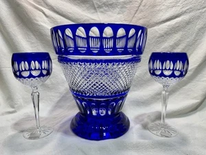 Vintage Godinger Crystal Cobalt Blue Cut To Clear Glass Ice Bucket & 2 Goblets - Picture 1 of 10