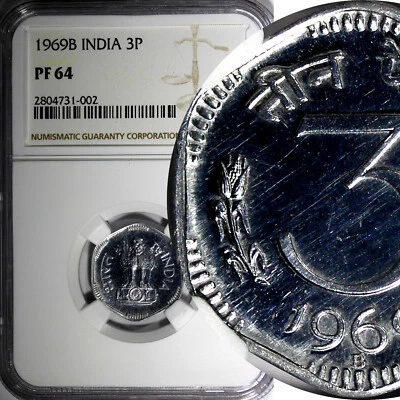 India-Republic Aluminum PROOF 1969 B 3 Paise NGC PF64 KM# 14.2 (002) - Image 1 of 4