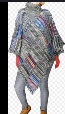 Genial! Poncho Gitano De Colección - Tejido Patchwork Nudo Deshilachado Flecos Boho - OS Se Adapta a Todos Foto 1 de 4