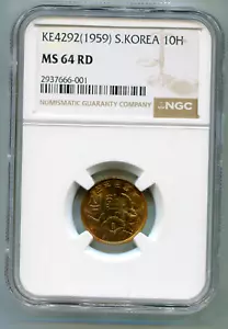 Korea, South 10 Hwan 4292 (1959) KM-1 NGC MS 64 RD super rare lotapr9300 - Picture 1 of 2