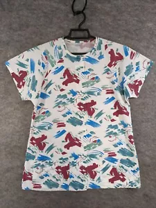 Medline Scrub Top Women Small Blue Red Green Print Snap Front Pockets - Picture 1 of 11