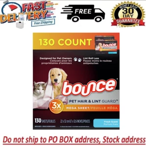 Bounce Pet Hair and Lint Guard Mega Fabric Softener Dryer Sheets,Fresh Scent,130 - Picture 1 of 6
