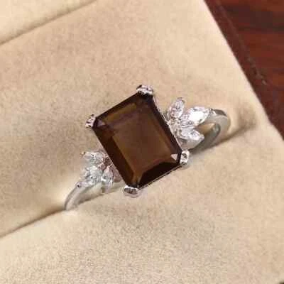 Anillo de cuarzo ahumado natural, delicado anillo llamativo, plata de ley 925 Foto 1 de 4
