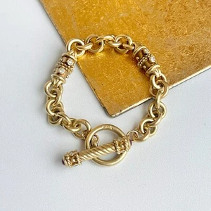 Estate 14KT Yellow Gold Diamond + Ruby Byzantine Links Bracelet Toggle Clasp 7" - Picture 1 of 15