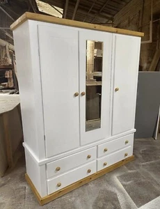 HANDMADE COUNTRY TRIPLE  DOORS MIRRORED WARDROBE IN WHITE+PINE (NOT FLATPACKED) - Picture 1 of 5