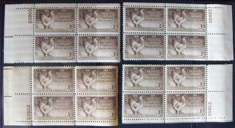 US 3¢ stamp SC #968 American Poultry Industry MNH 4 matching # plate blocks 1948 - Image 1 of 1