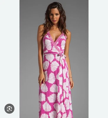 Maxi Vestido Diane von Furstenberg Envolvente de Seda Talla 6 Rosa Blanco Estampado 100% Seda DVF Foto 1 de 4