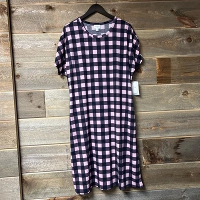 Vestido LuLaRoe Marly Midi Talla XL NUEVO CON ETIQUETAS Rosa Negro Cuadros Búfalo Con Cinturón Foto 1 de 4