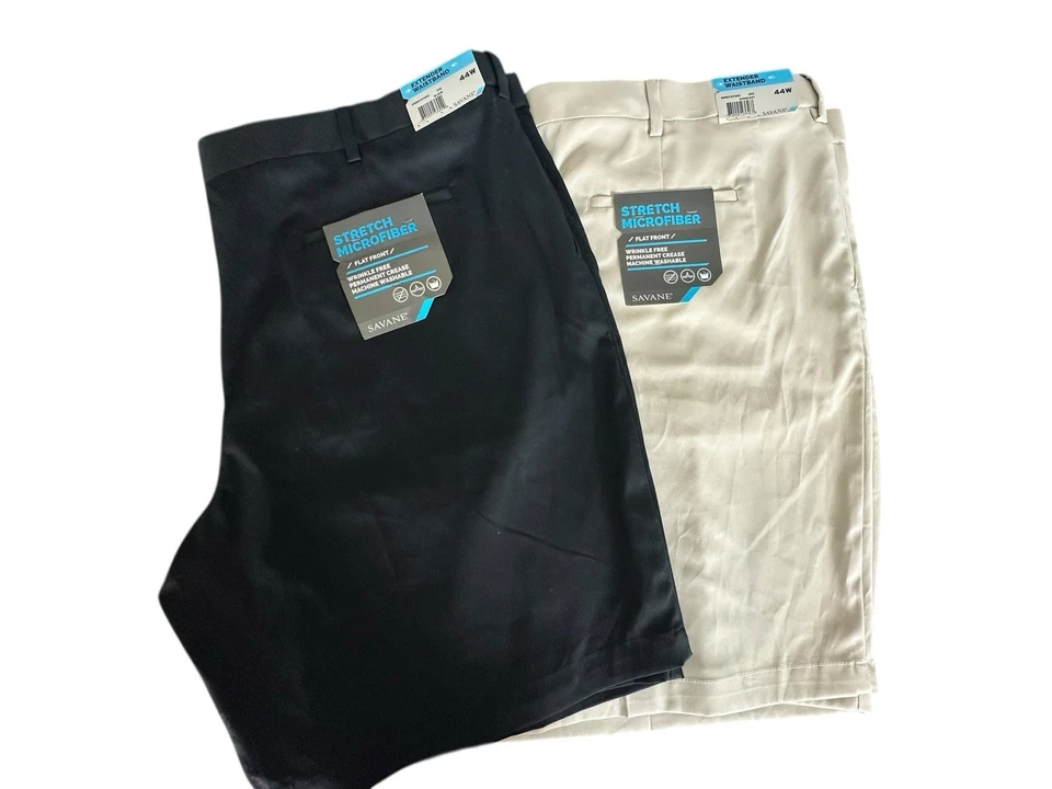 Lote 2 shorts Savane elástico microfibra frente plana 44W cintura extensora novo com etiquetas - Imagem 1 de 4