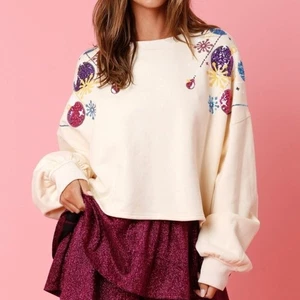 Peach Love California Christmas Sweatshirt Womens Medium Cream Oversized Sequins - Picture 1 of 10