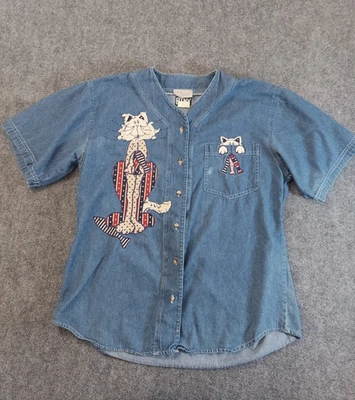 Camisa Denim PTNY De Colección Para Mujer Gatos Grandes Gatito Boho Cottagecore Botón Bordado Foto 1 de 4