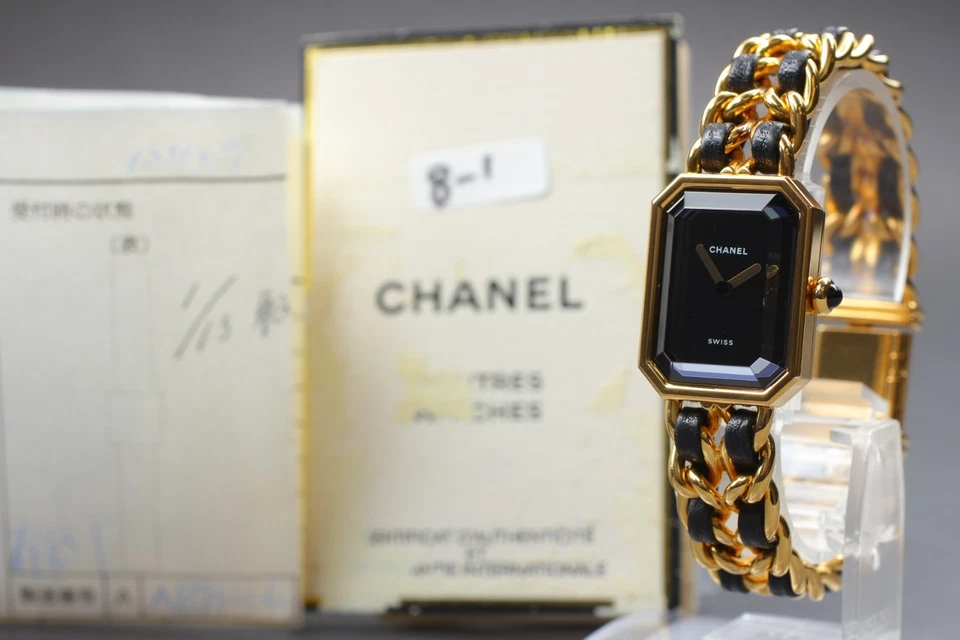 复古香奈儿 Premiere L 码 H0001 黑色表盘金色石英女式手表日本 — 第 1/4 张图片