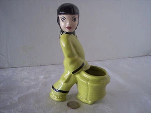 Vintage Ceramic Asian Female holding a Planter /Vase Lime green 7.5"t 1960's MCM - Picture 1 of 5
