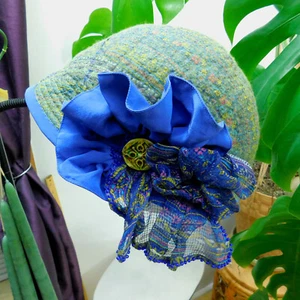 Blue Green Felted Wool Bucket Hat - Handmade Felt & Mixed Media Art Hat - Beaded - Picture 1 of 6