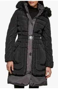 Guess Womens Black Faux Fur Trim Belted Puffer Winter Coat NWT Size XL - Picture 1 of 20