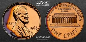 1963 S LINCOLN CENT PROOF 1C PF68 RB NGC; PR68 NGC PhotoVision Plus SKU 3115 - Picture 1 of 5