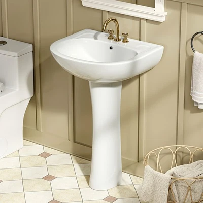 Pedestal Sink White 3 Hole 21 x 19'' 1 Overflow Hole 3 Faucet Hole Semi-Circular - Image 1 of 4
