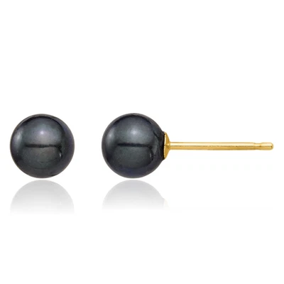 14K Solid Yellow Gold 5mm Round Black Saltwater Akoya Cultured Pearl Stud ... - Image 1 of 4