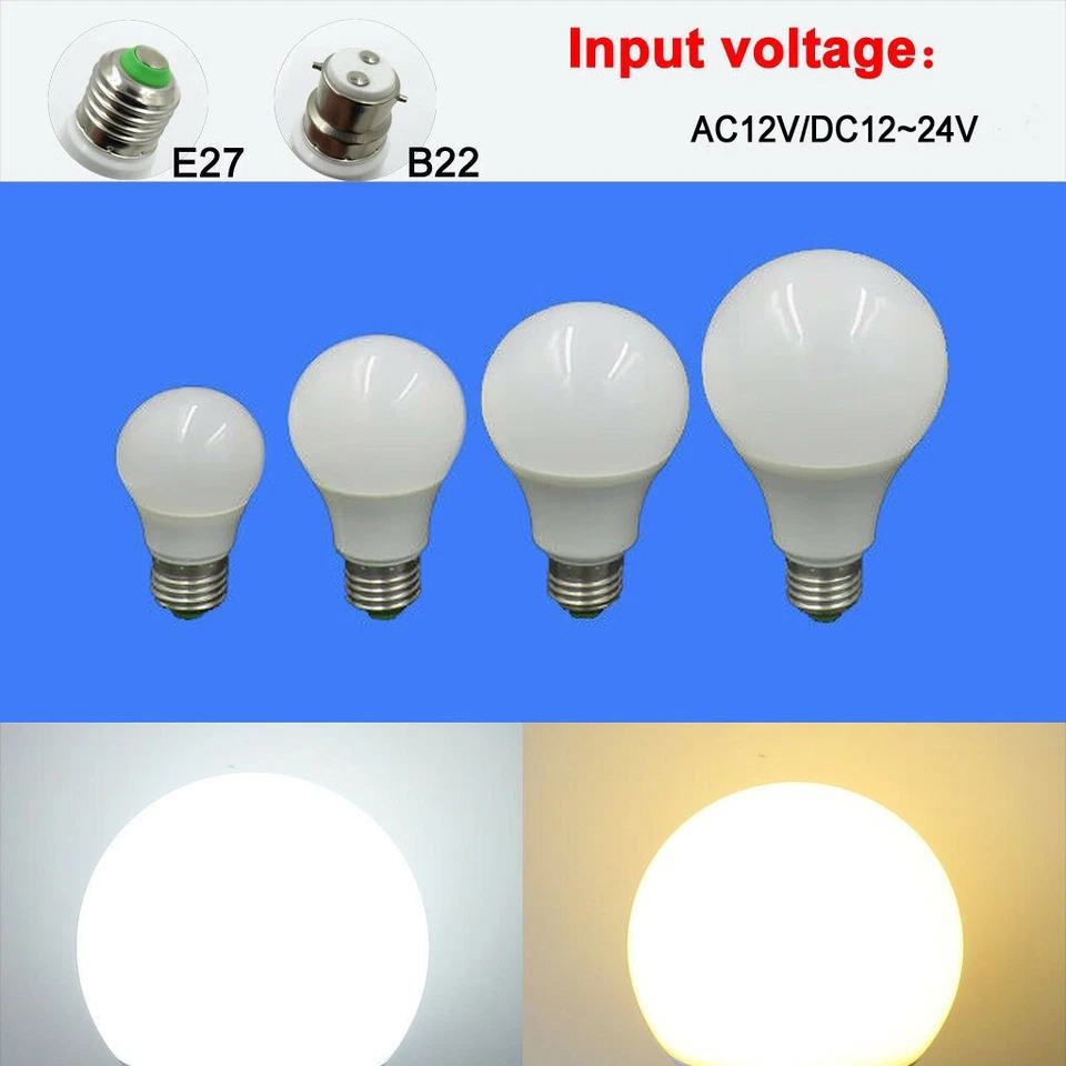 E27/B22 LED Bulb 3W 5W 7W 9W 12W Light Globe AC12V DC12~24V Lamp No Flicker #T - Image 1 of 4