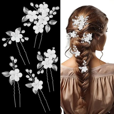 MARKE YUANCHU Hochzeit Haarschmuck, 5 Stück Blumen Perlen Haarspange Braut Haarnadeln U-Form