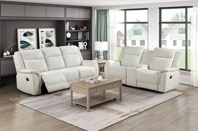 NEW 2PC Sofa Loveseat Beige White Vegan Leather Living Room Recliner Set - Image 1 of 4