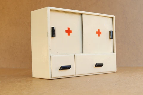 Old Antique Vintage Wooden Medical Box First Aid Chest Cupboard Tag Retro 1960's Cover