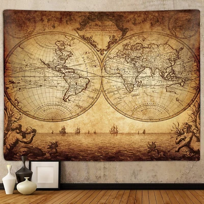 Old World Map Tapestry for Bedroom, Vintage Nautical Maps of the World Art Tapes - Image 1 of 4