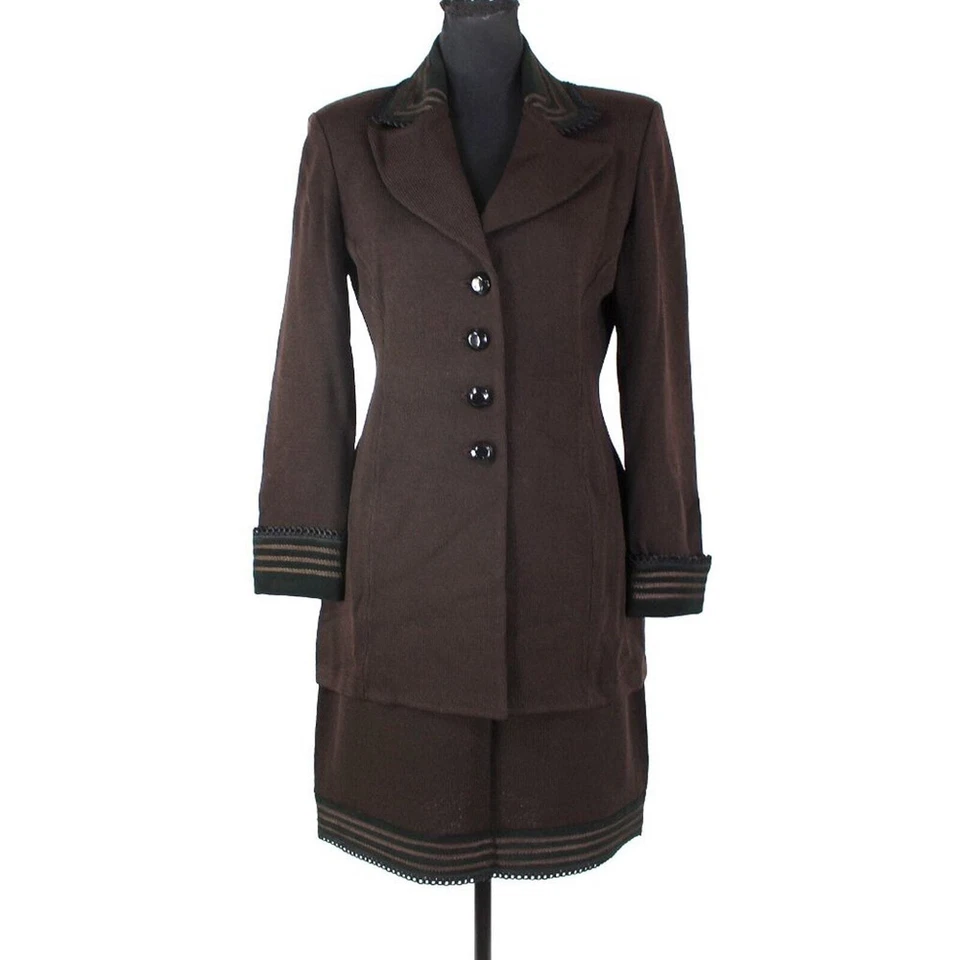 Colección St. John Marrón Santana Tejido Negro Gamuza 2 Piezas Falda Chaqueta Conjunto 6 Foto 1 de 4