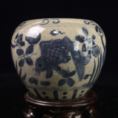 Collectibles China Old Blue And White Porcelain Pot Painting Lotus Fish Jar Jug • 40.29$