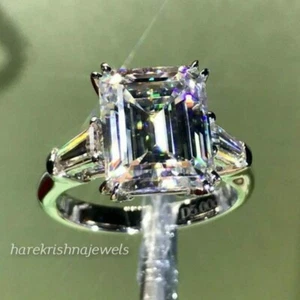3CT Emerald Cut Diamond Lab-Created 3 Stone Engagement Ring 14K White Gold Over - Picture 1 of 7