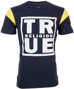 79 $ True Religion marineblaues kurzärmliges Designer Grafik-T-Shirt Square Football neu mit Etikett - Bild 1 von 9