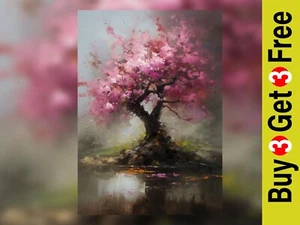 Cherry Blossom Print, Oil Painting, Riverbank Wall Art, Spring Riverside - Picture 1 of 8