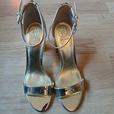 Women's Guess Metallic Gold Chunky High Heels Sz. 9 Adj. Straps Worn Once - Image 1 of 4