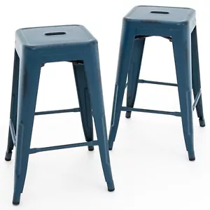 Set of 2 Indoor 24 Inch Metal Bar Stools Outdoor Stackable Stools w/ Square Seat - Picture 1 of 7