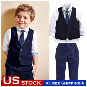 Kids Baby Boys Tuxedo Suit Shirt Waistcoat Tie Pants Formal Outfits Clothes 1-7T - Picture 1 of 12