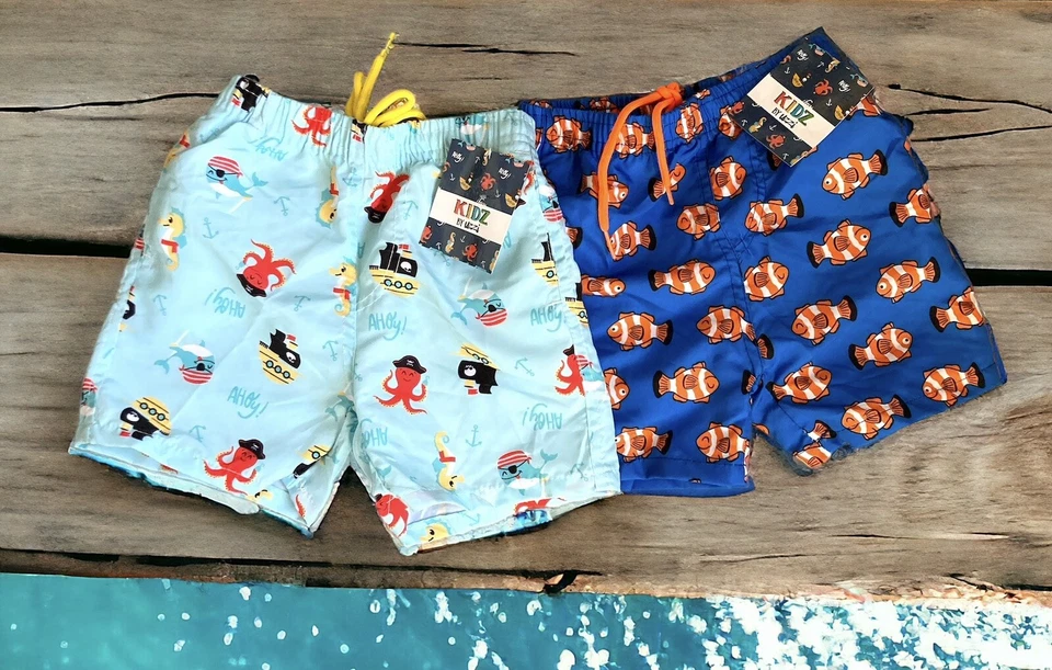 2 New Boys 4T Swim Shorts GoldFish & Ships Whales Pirates Kids Uzzi Mesh Lined - Image 1 of 1