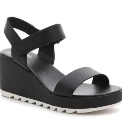 Sandalia de cuña con plataforma de cuero negro Sorel's Cameron talla 7 excelente estado Foto 1 de 4