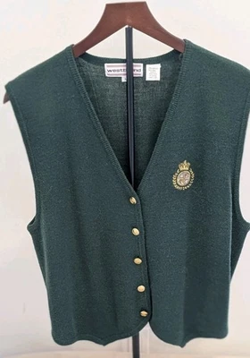 Vintage Westbound Forest Green Sweater Vest Sz Large Equestrian Wool Blend Gold - Image 1 of 4