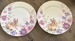 Easter Bunny Rabbits 2 Ceramic Dinner Plates 10.5 Round Floral Wild blossom NEW - Picture 1 of 4