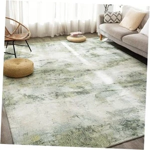 Rugs for Living Room, Green Modern Abstract Low Pile Large Carpet with Rubber - Picture 1 of 7