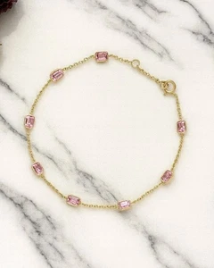 Natural Pink Sapphire dainty Bracelet Solid 10k Yellow Gold Minimalist Bezel Set - Picture 1 of 4
