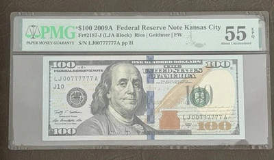 Fancy Serial Number $100 Dollar Bill RARE SERIAL # LJ00777777 A PMG  55  EPQ - Image 1 of 4