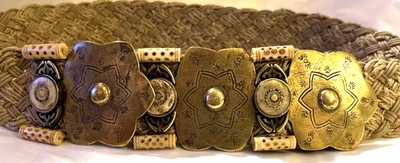Streets Ahead Belt S Woven Brass Etched Hardware Beads Boho Hippie Adjustable - Image 1 of 4