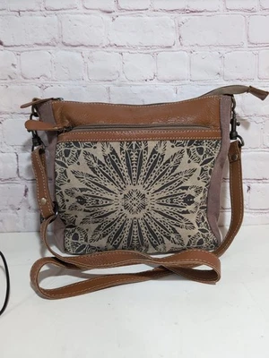 Myra Bag Dizzy Circle Canvas & Leather Small Crossbody Bag Purse Brown Gray  - Image 1 of 4